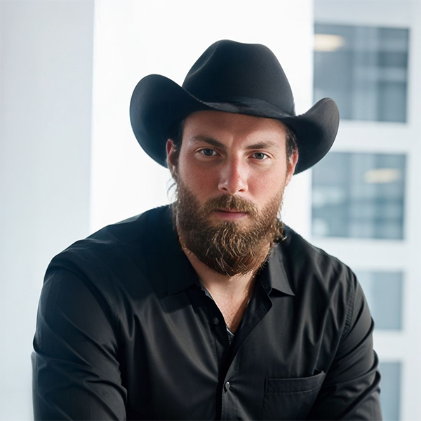 Portrait of Keith Bombaugh with a neutral face, black cowboy hat, and black button-down shirt